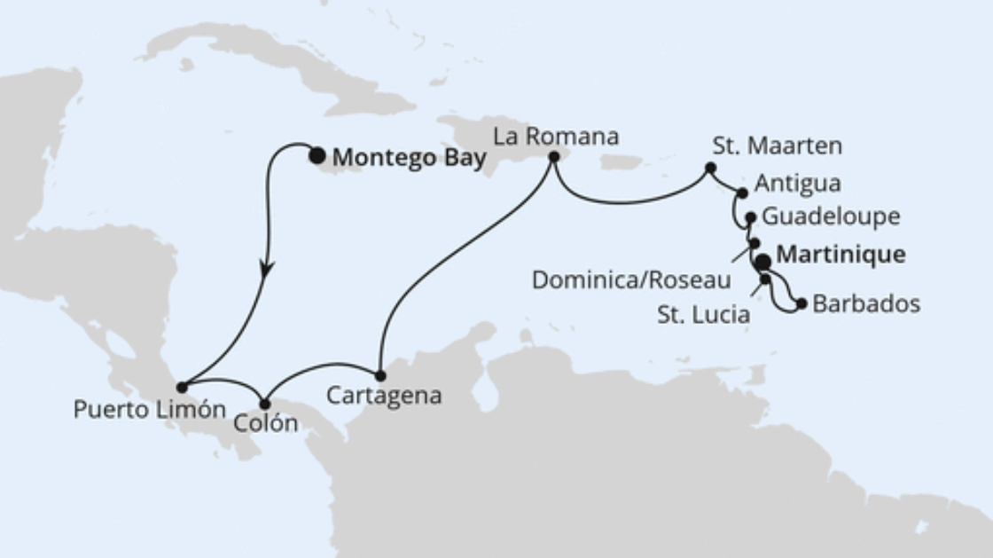 AIDA Karibik-Kreuzfahrt Route 2025: Mittelamerika & Karibik AIDA Karibik-Kreuzfahrt Route 2025: Mittelamerika & Karibik