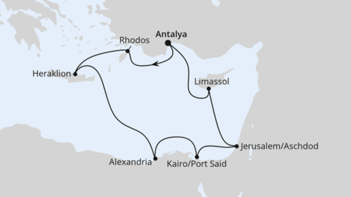 AIDA Mittelmeer-Kreuzfahrt Route 2025: Östliches Mittelmeer mit Ägypten AIDA Mittelmeer-Kreuzfahrt Route 2025: Östliches Mittelmeer mit Ägypten