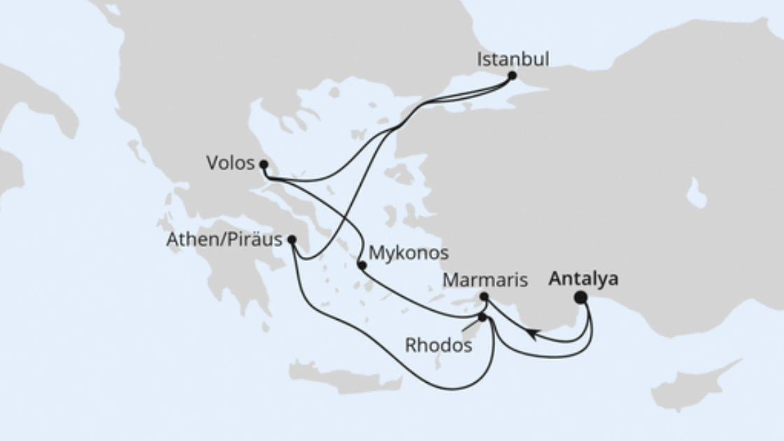 AIDA Mittelmeer-Kreuzfahrt Route 2025: Östliches Mittelmeer AIDA Mittelmeer-Kreuzfahrt Route 2025: Östliches Mittelmeer