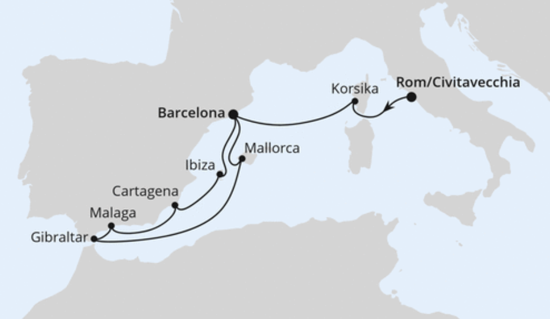 AIDA Mittelmeer-Kreuzfahrt Route 2025: Spanien, Frankreich & Gibraltar AIDA Mittelmeer-Kreuzfahrt Route 2025: Spanien, Frankreich & Gibraltar