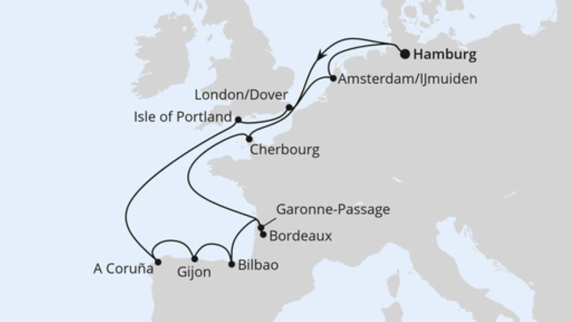 AIDA Nordeuropa-Kreuzfahrt Route 2025: Ärmelkanal & Golf von Biskaya 2 AIDA Nordeuropa-Kreuzfahrt Route 2025: Ärmelkanal & Golf von Biskaya 2
