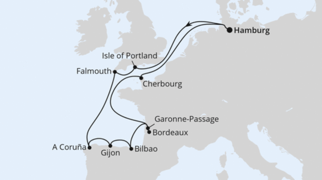 AIDA Nordeuropa-Kreuzfahrt Route 2025: Ärmelkanal & Golf von Biskaya AIDA Nordeuropa-Kreuzfahrt Route 2025: Ärmelkanal & Golf von Biskaya