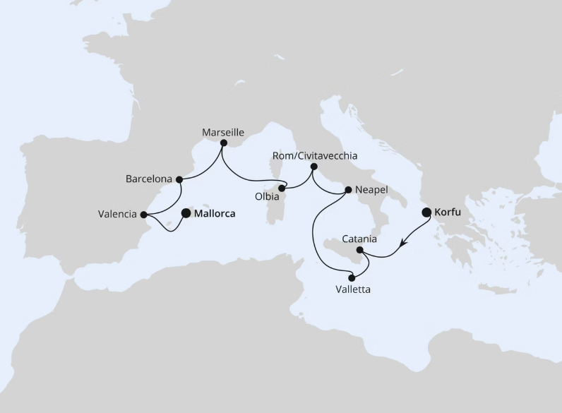 AIDA Westliches Mittelmeer-Kreuzfahrt 2027: Spanien, Italien & Malta ab Korfu AIDA Westliches Mittelmeer-Kreuzfahrt 2027: Spanien, Italien & Malta ab Korfu