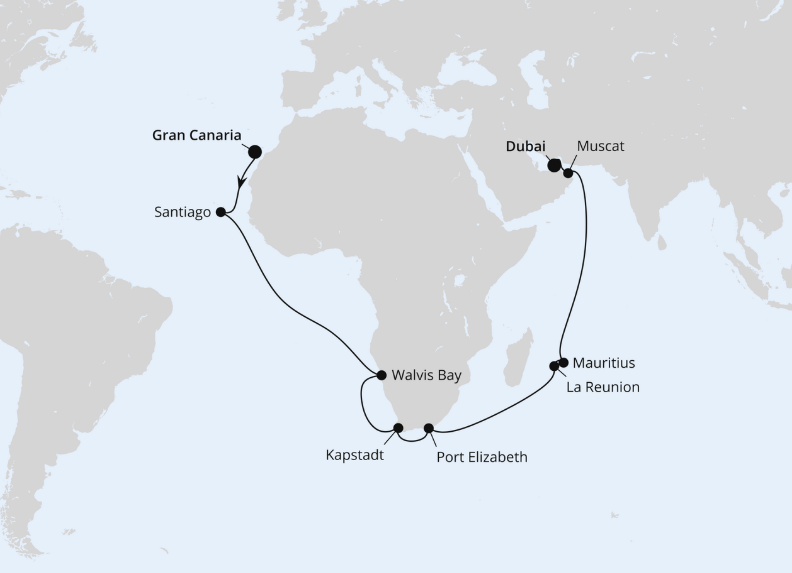 AIDA Afrika-Kreuzfahrt 2026: Weltenbummler Kapverden, Südafrika & Mauritius