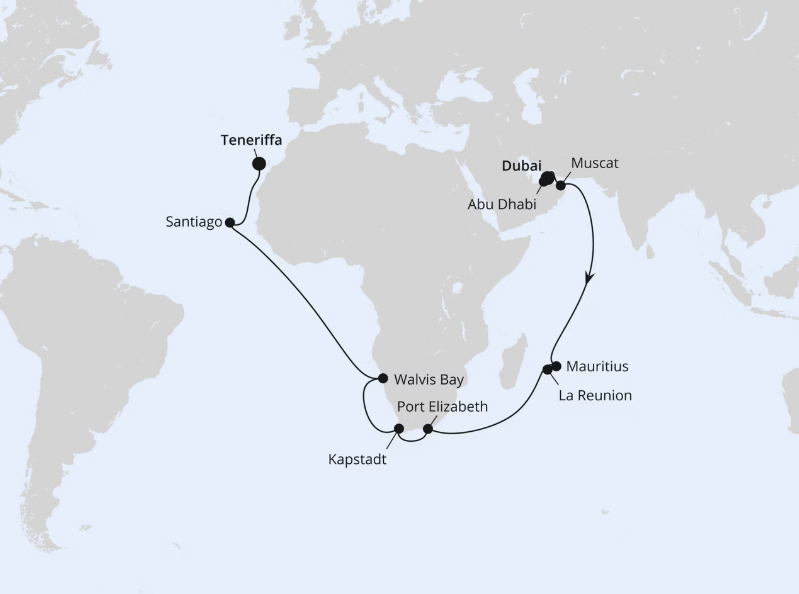 AIDA Afrika-Kreuzfahrt 2027: Von Dubai über Afrika nach Teneriffa