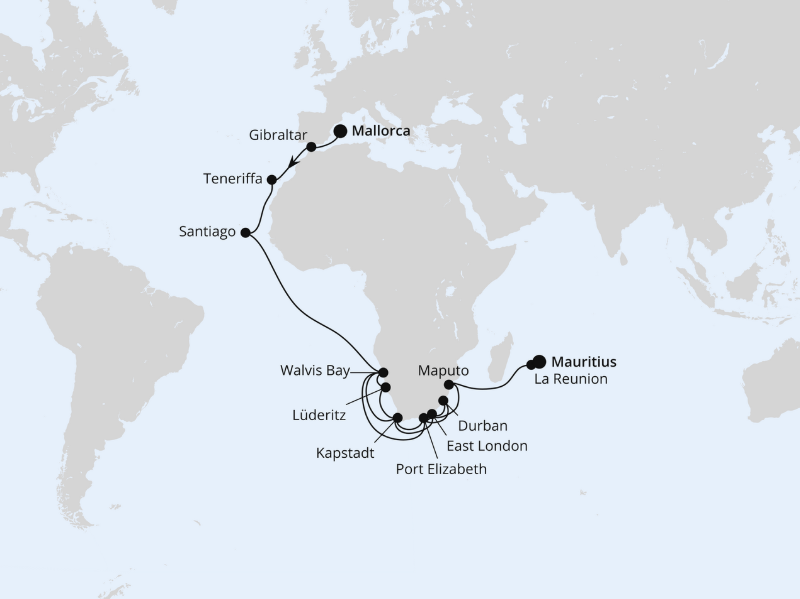 AIDA Afrika-Kreuzfahrt 2027: Weltenbummler von Mallorca nach Mauritius