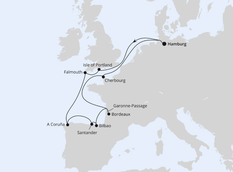 AIDA Westeuropa-Kreuzfahrt 2027: Ärmelkanal & Golf von Biskaya ab Hamburg