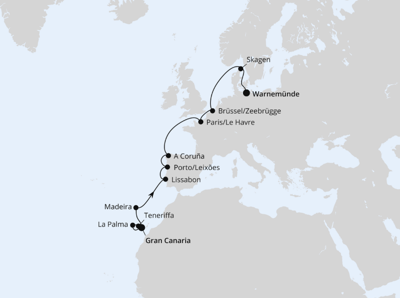 AIDA Westeuropa-Kreuzfahrt 2027: Von Gran Canaria über Portugal nach Warnemünde