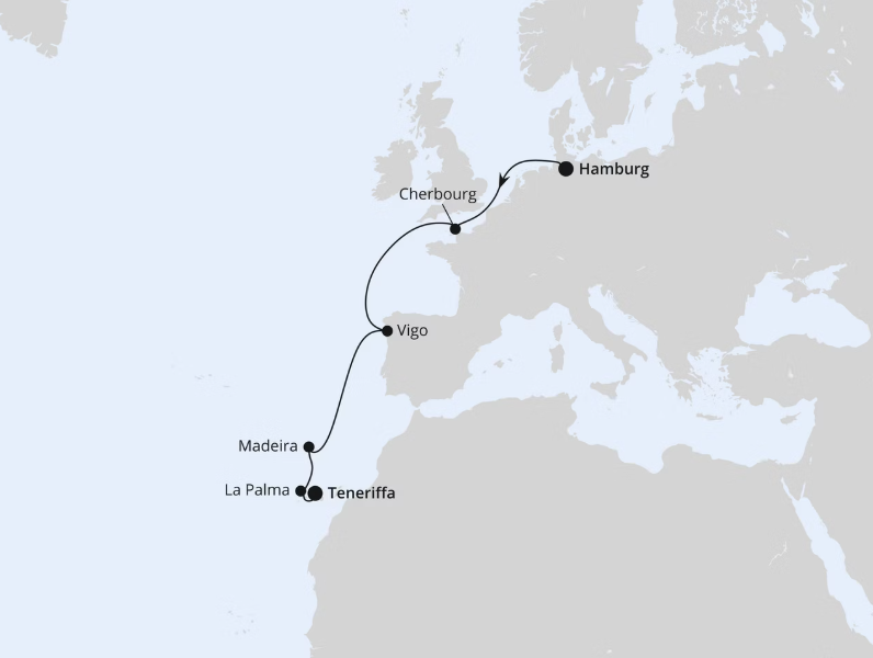 AIDA Westeuropa-Kreuzfahrt 2027: Von Hamburg über Madeira nach Teneriffa