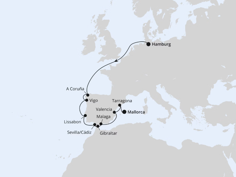 AIDA Westeuropa-Kreuzfahrt 2027: Von Hamburg über Portugal nach Mallorca