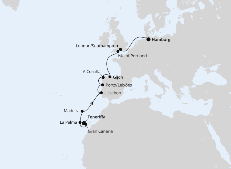 AIDA Westeuropa-Kreuzfahrt 2027: Von Teneriffa über Portugal nach Hamburg