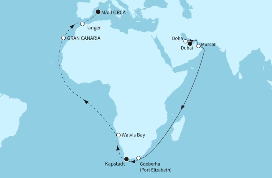 Mein Schiff Afrika-Kreuzfahrt 2027: Weltentdecker-Route Mein Schiff Afrika-Kreuzfahrt 2027: Weltentdecker-Route